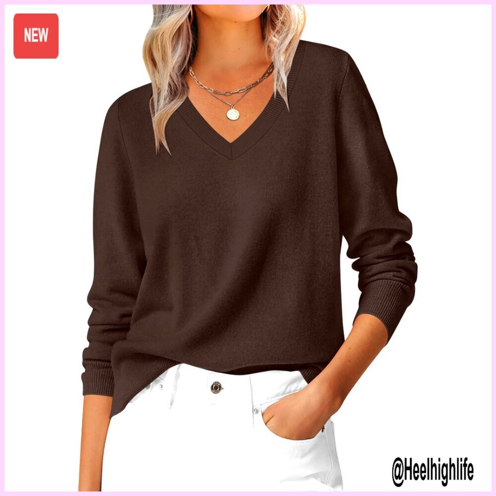 Long Sleeve V-Neck Pullover Sweater, Soft Loose Fit, Regular Size